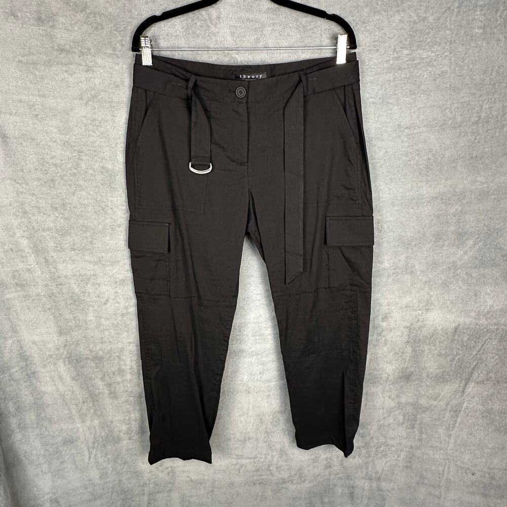 Theory Pants Womens 10 Black Hannon Cargo Belted Linen Quiet Luxury Minimalist